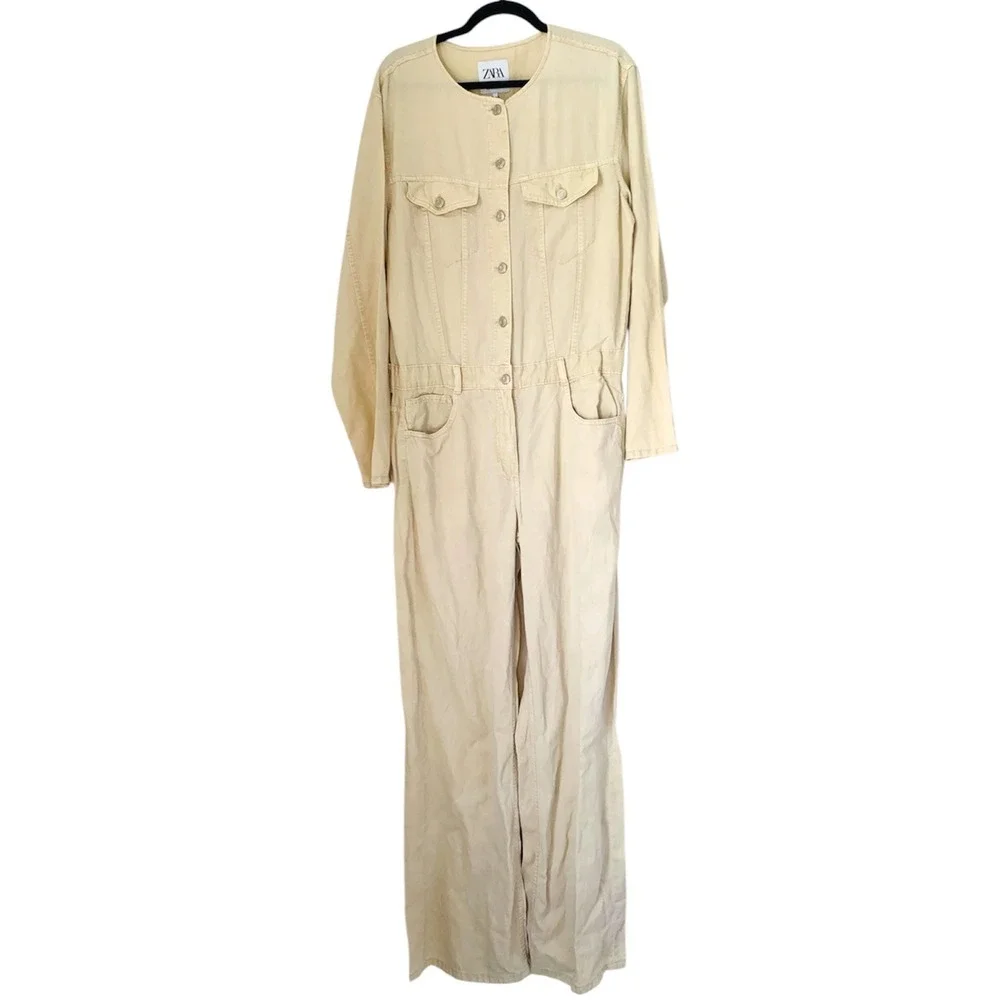 Zara Jumpsuit Women XL Beige Linen Blend Boiler Suit Utility Safari‎ Vacation